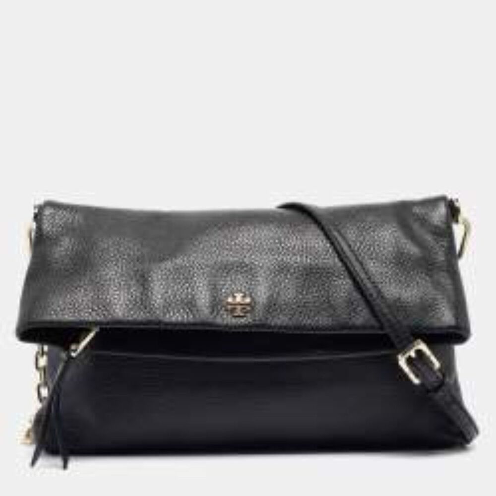 Tory Burch Black Foldover Crossbody Bag Purse Emerson Clutch Leather Spring Chic